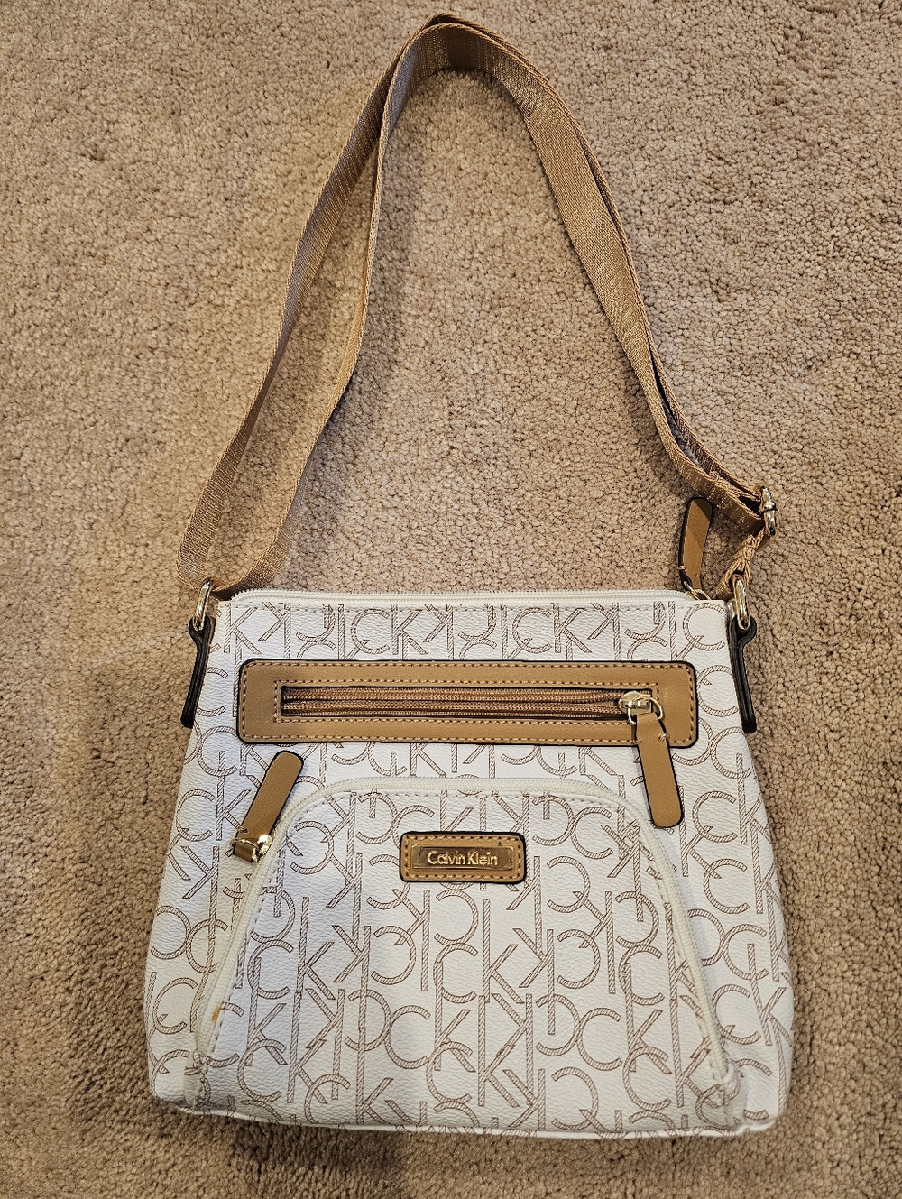 Calvin Klein White & Tan Monogram Crossbody Bag